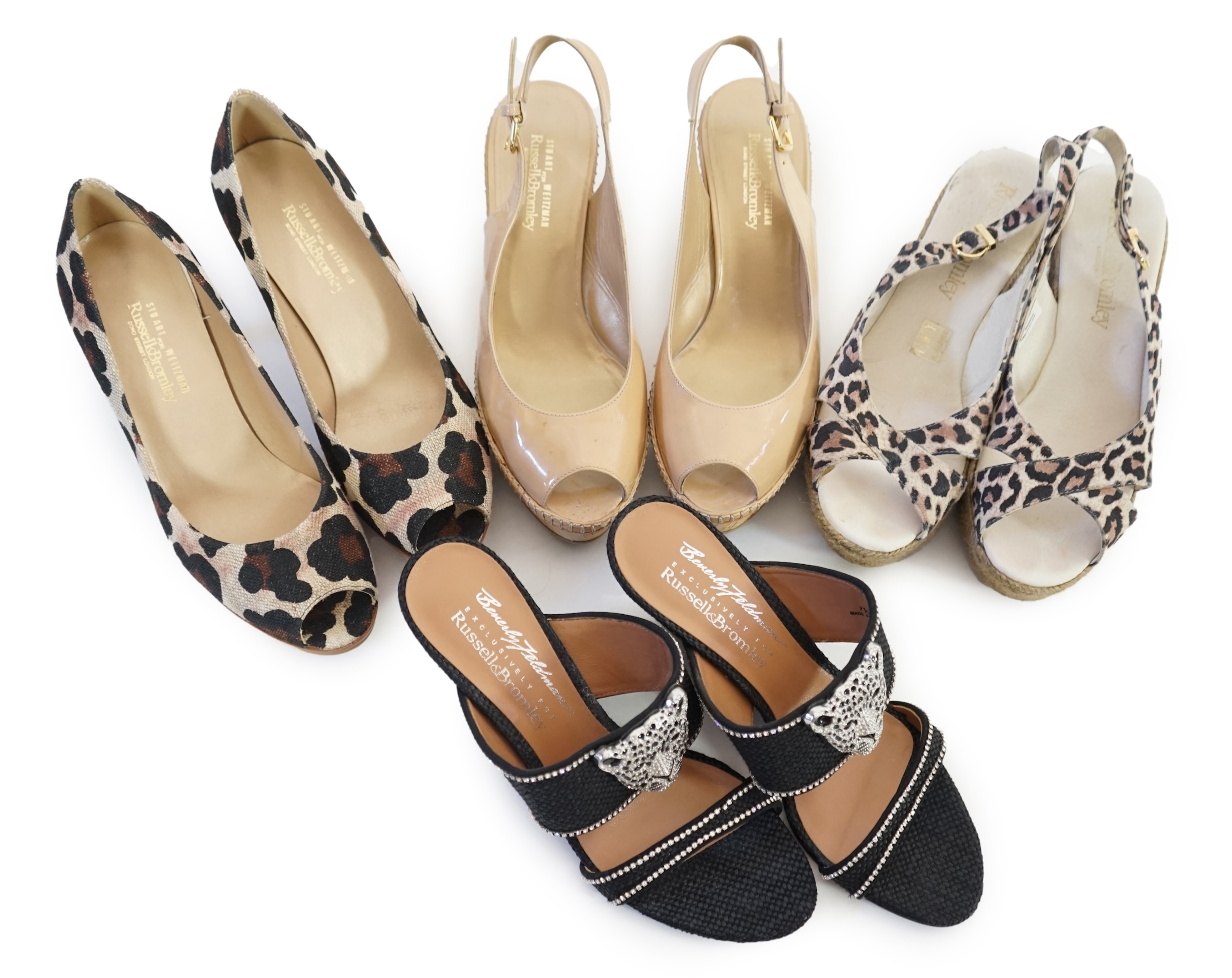 Four pairs of Russell & Bromley lady's heeled sandals, all size 38/38.5. Proceeds to Happy Paws Puppy Rescue